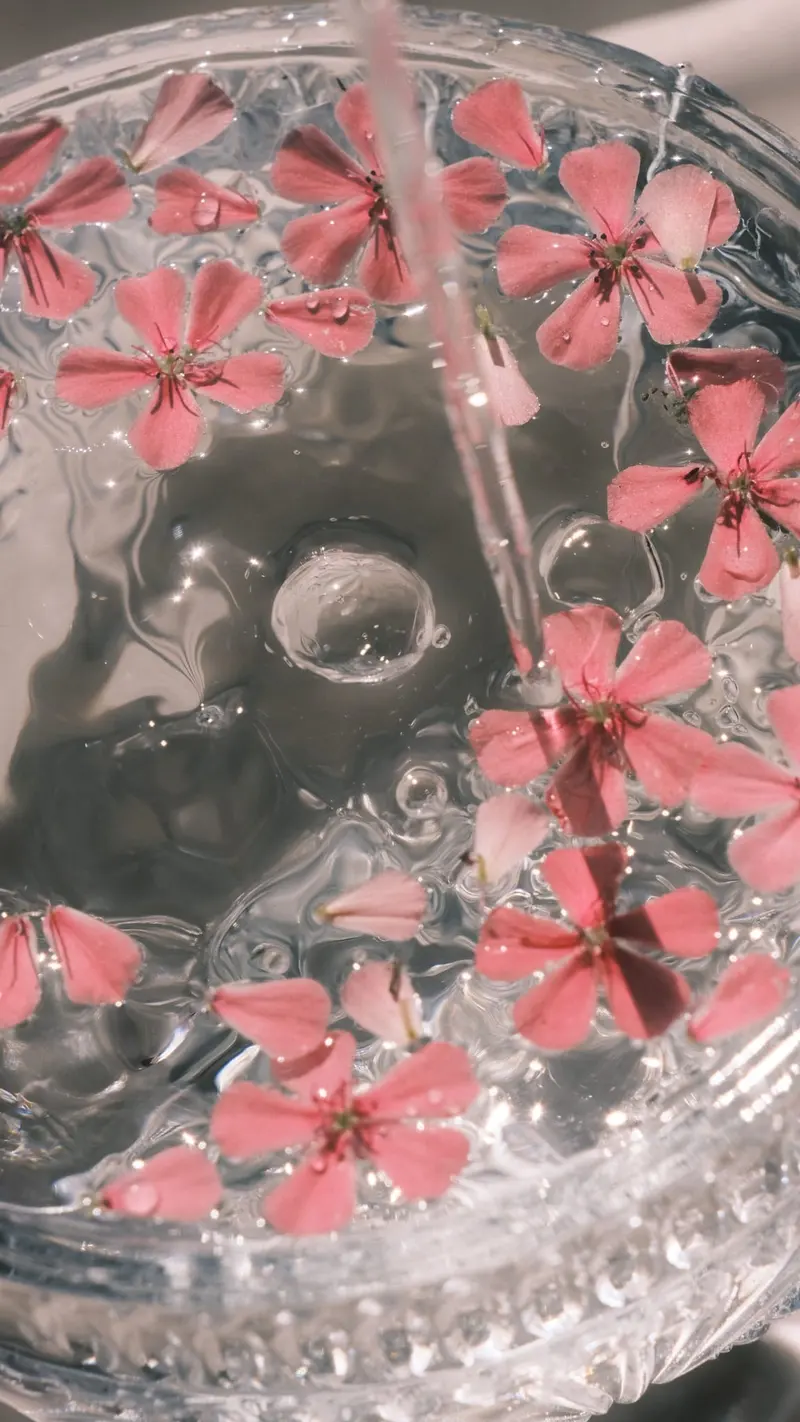 Fleurs roses flottant dans une coupe d'eau claire, prête pour un bain de pieds.