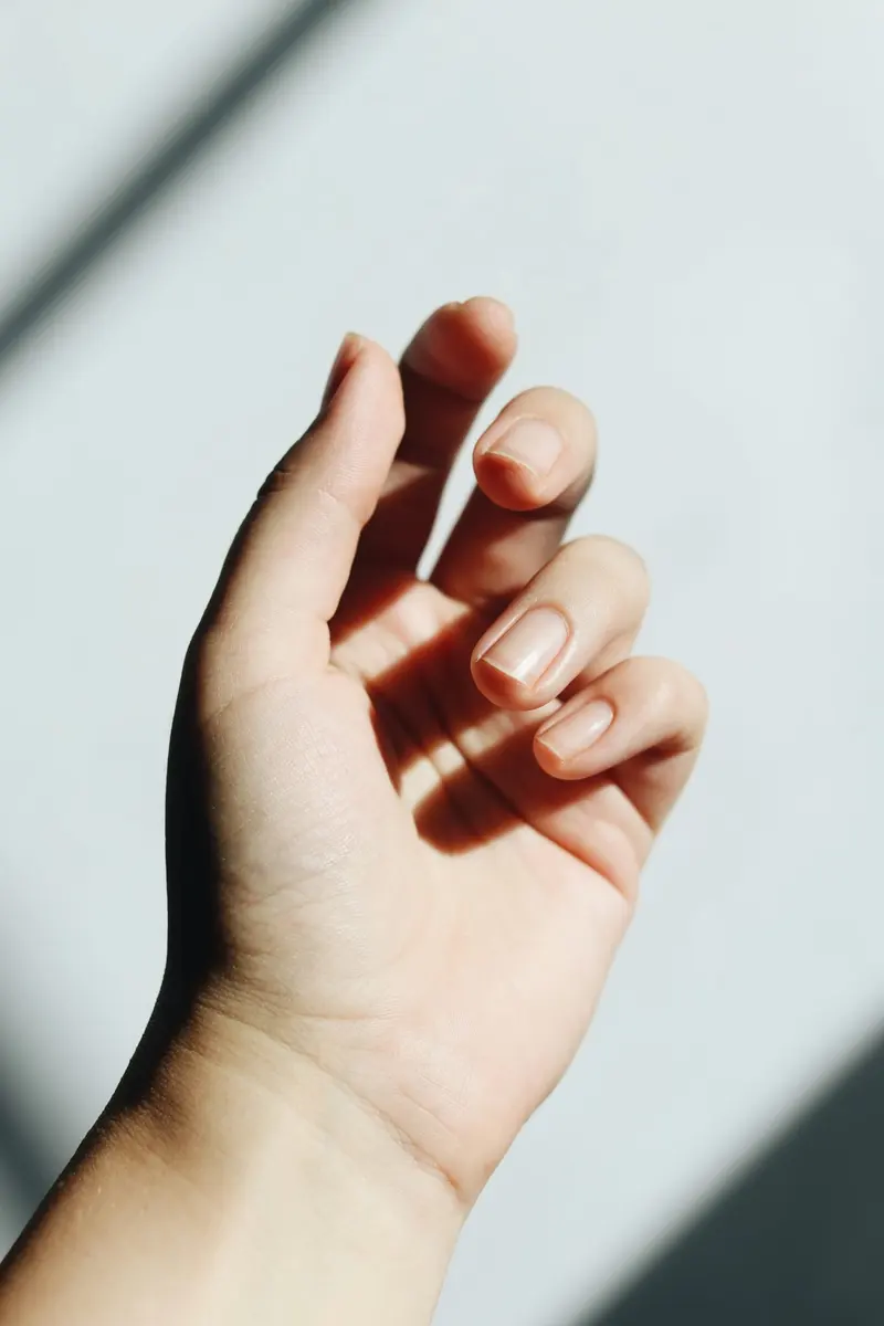 Une main aux ongles naturels et brillants, dans la lumière du jour.
